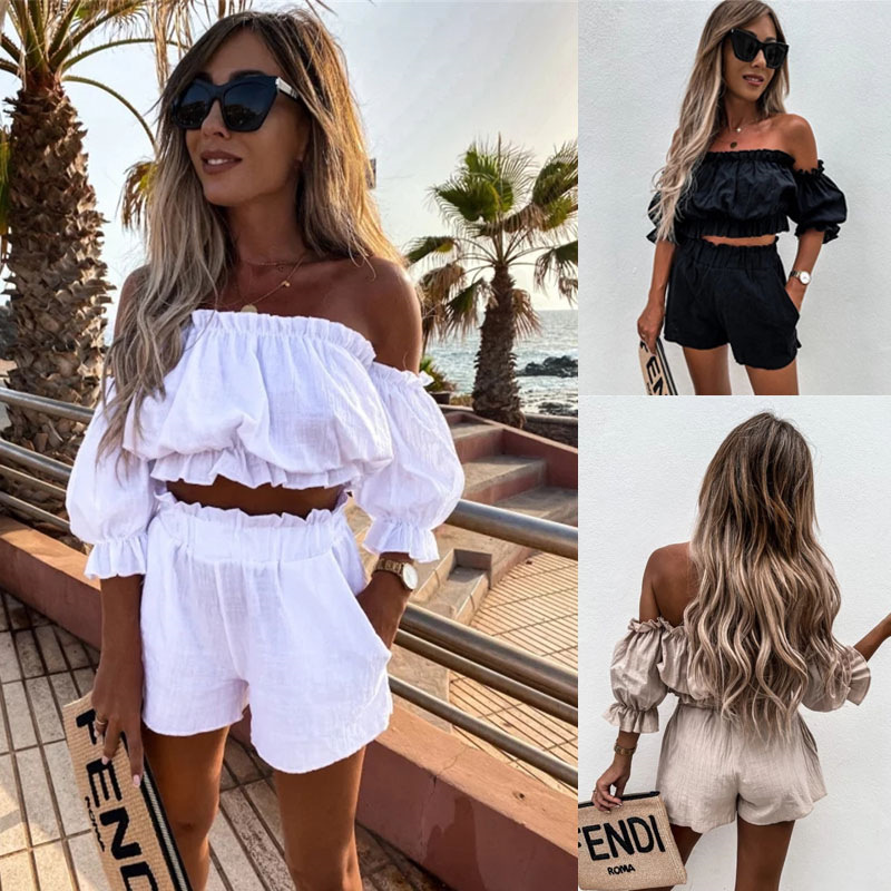 2022 Summer New Women's Clothing Wrap Chest Short Tops Shorts One-shoulder Two-piece Set