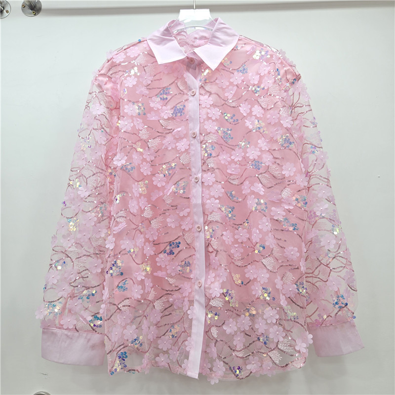 American-Style Trendy Pink Shirt for Women, Early Spring New Design with Mesh and Sequins, Unique and Chic Top