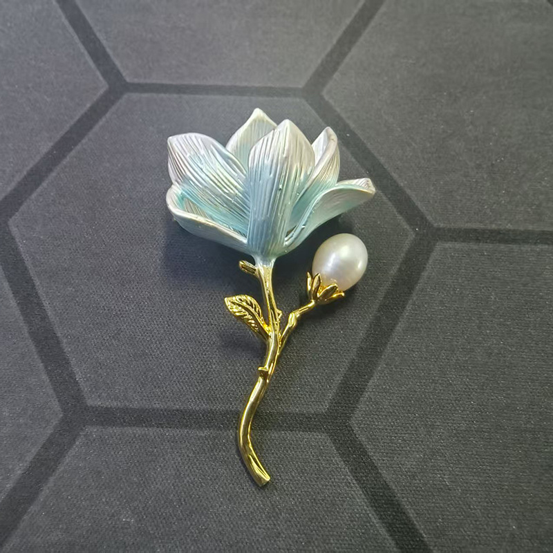 DIY Accessories Chinese Style Elegant and Exquisite Magnolia Brooch Women's Enamel Painted Elegant Brooch Pearl Corsage Empty Holder