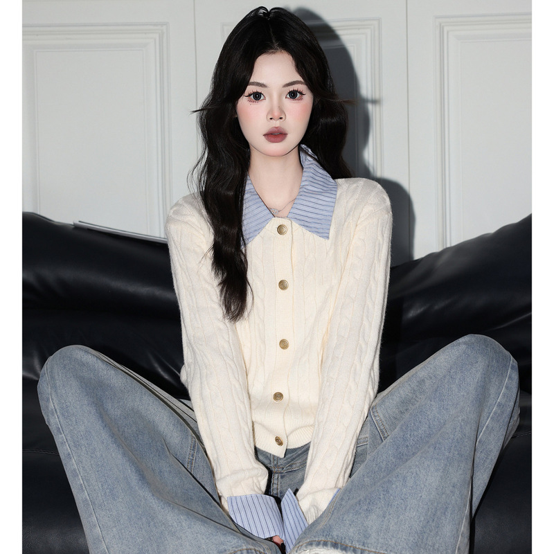 Forever 21 Soft and Smooth Apricot Color Faux Two-Piece Polo Knit Cardigan for Women, Korean Style College Style Long-Sleeve Sweater Jacket