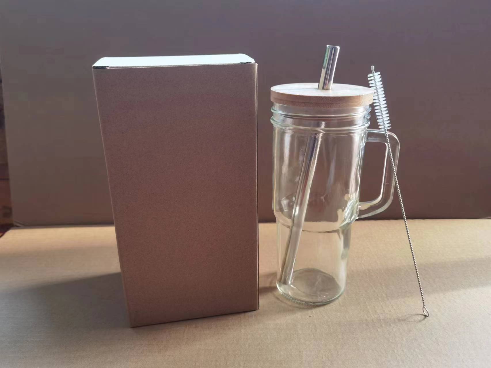 단일 크래프트 종이 상자 (나무 뚜껑이있는 스테인레스 스틸 밀짚 브러시 포함); 투명