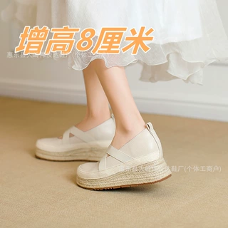 内增高8cm～小个子厚底松糕鞋交叉带渔夫鞋春秋浅口草编懒人鞋女