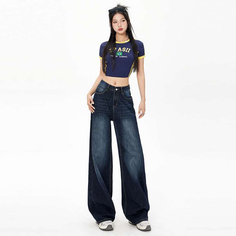 Wholesale Vintage Blue-Gray Washed Distressed Silhouette Denim Pants Loose Casual Soft Pants