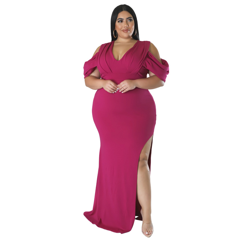 Plus Size V-neck Fishtail Maxi Dress High Slit Flutter Sleeve_voghion.com