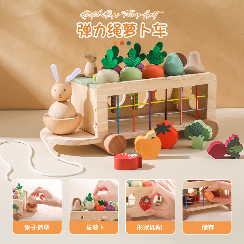 Juguetes de madera para niños, cuerda elástica, carro de rábano, remolque de bebé, forma de emparejamiento, extracción de rábano, juguete cognitivo de iluminación