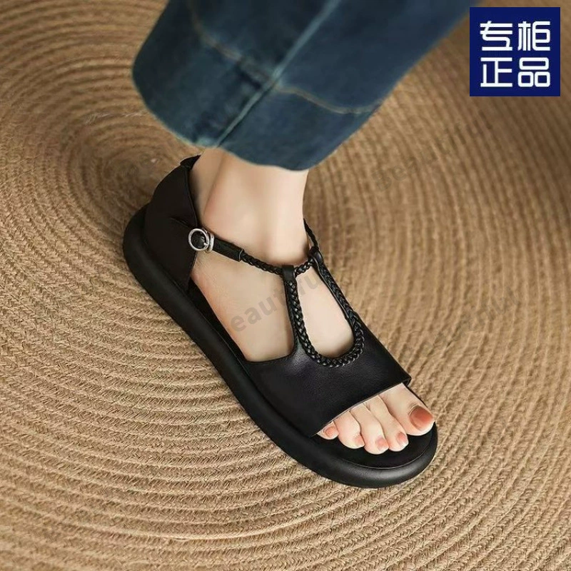 Женские ретро-сандалии в римском стиле, новинка лета 2025 года, универсальные плоские пляжные сандалии для юбок