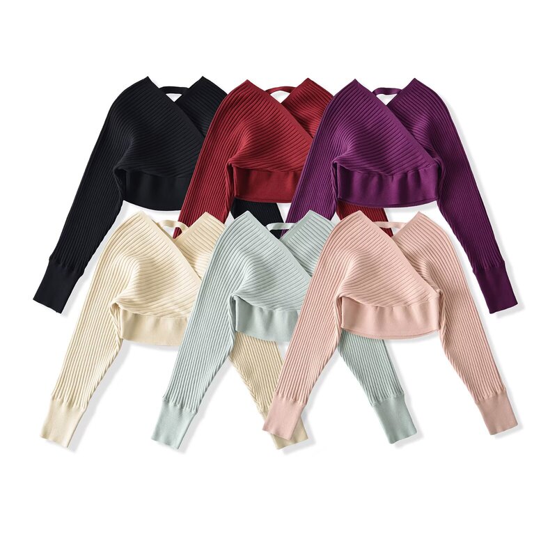 Lightly Mature Style, Pure and Sexy Off-The-Shoulder Long-Sleeve Knit Top, Early Spring New Design, Waist-Cinching, Slimming Short Top
