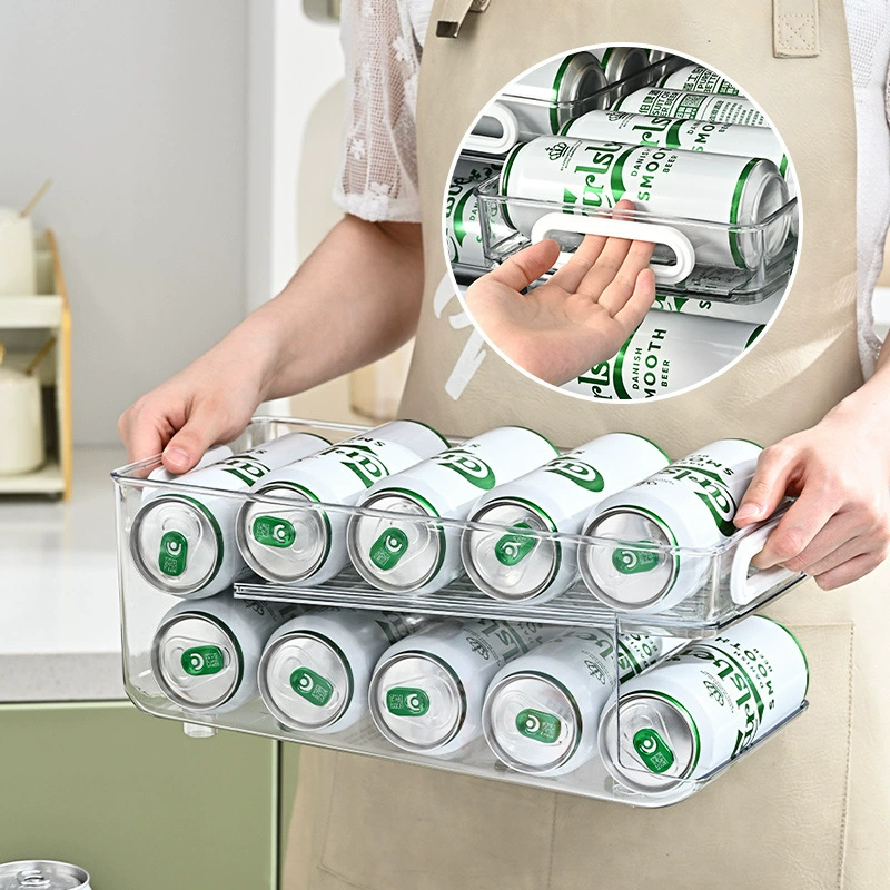 Refrigerator Beverage Storage Rack, Double-Layer Self-Rolling Organizer for Cans (Large)