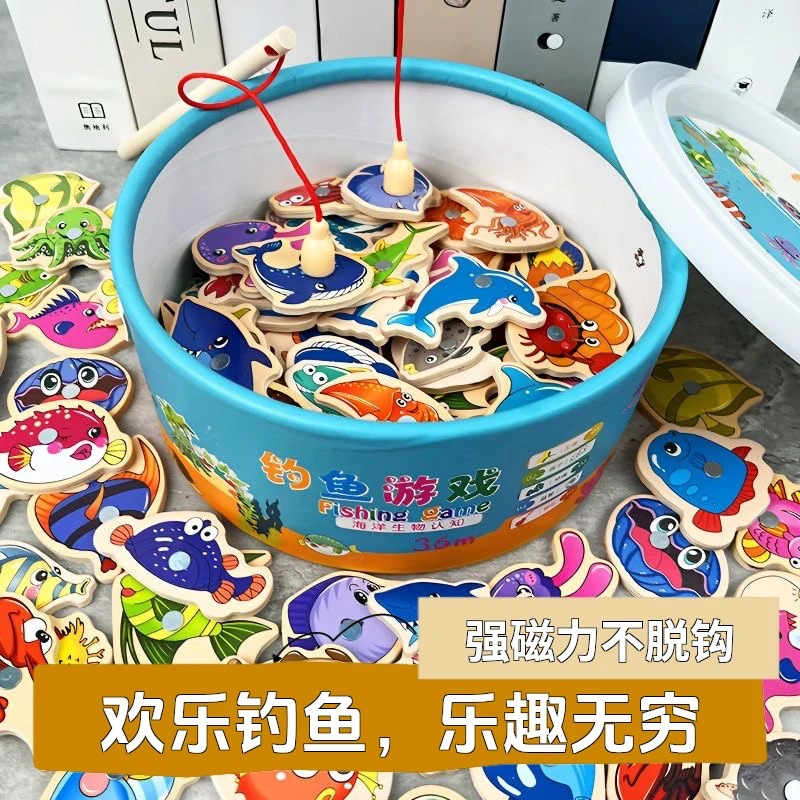 Magnetic wooden children's fishes for fishing