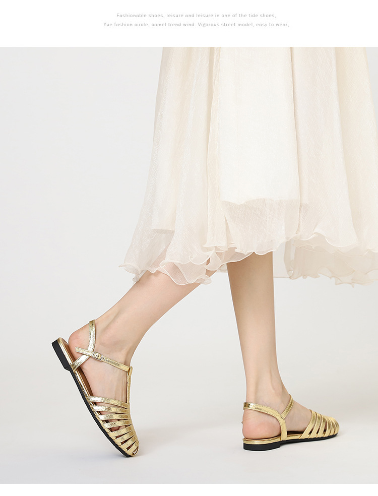 Metallic Shiny Roman Sandals For Women, Summer Fashion Closed-Toe Flat Shoes With Single Strap And Hollow Design,_desvips.com