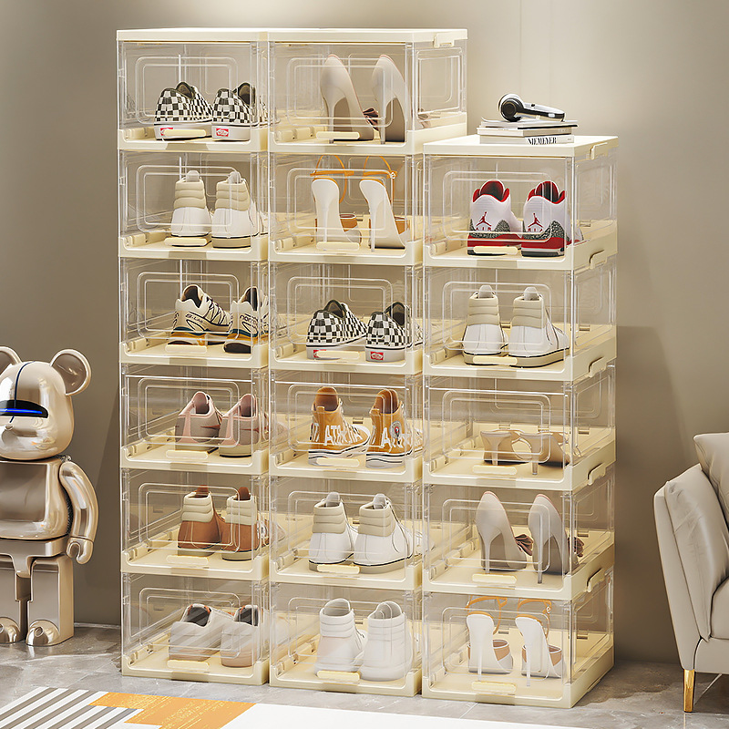 Caja de zapatos plegable de acrílico transparente transfronteriza, caja de almacenamiento de acabado a mano para el hogar, vitrina a prueba de polvo de almacenamiento de calzado deportivo