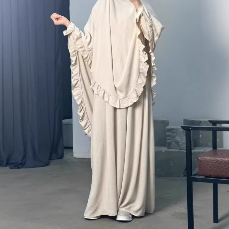 Cross-Border Women's Long Dress Two-Piece Set Casual Dress Solid Color Ruffled Large Headscarf Comfortable and Breathable P222