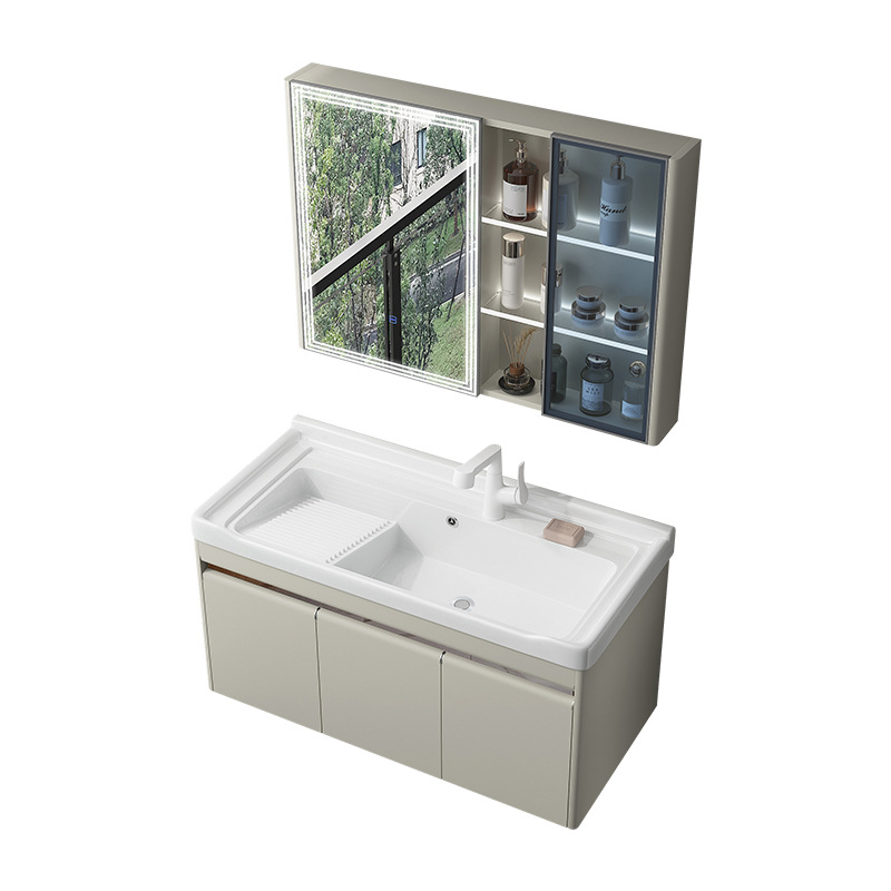 Balcón armario de lavandería de acero inoxidable lavabo de cerámica colgante doméstico lavabo de lavandería con tabla de fricción lavabo