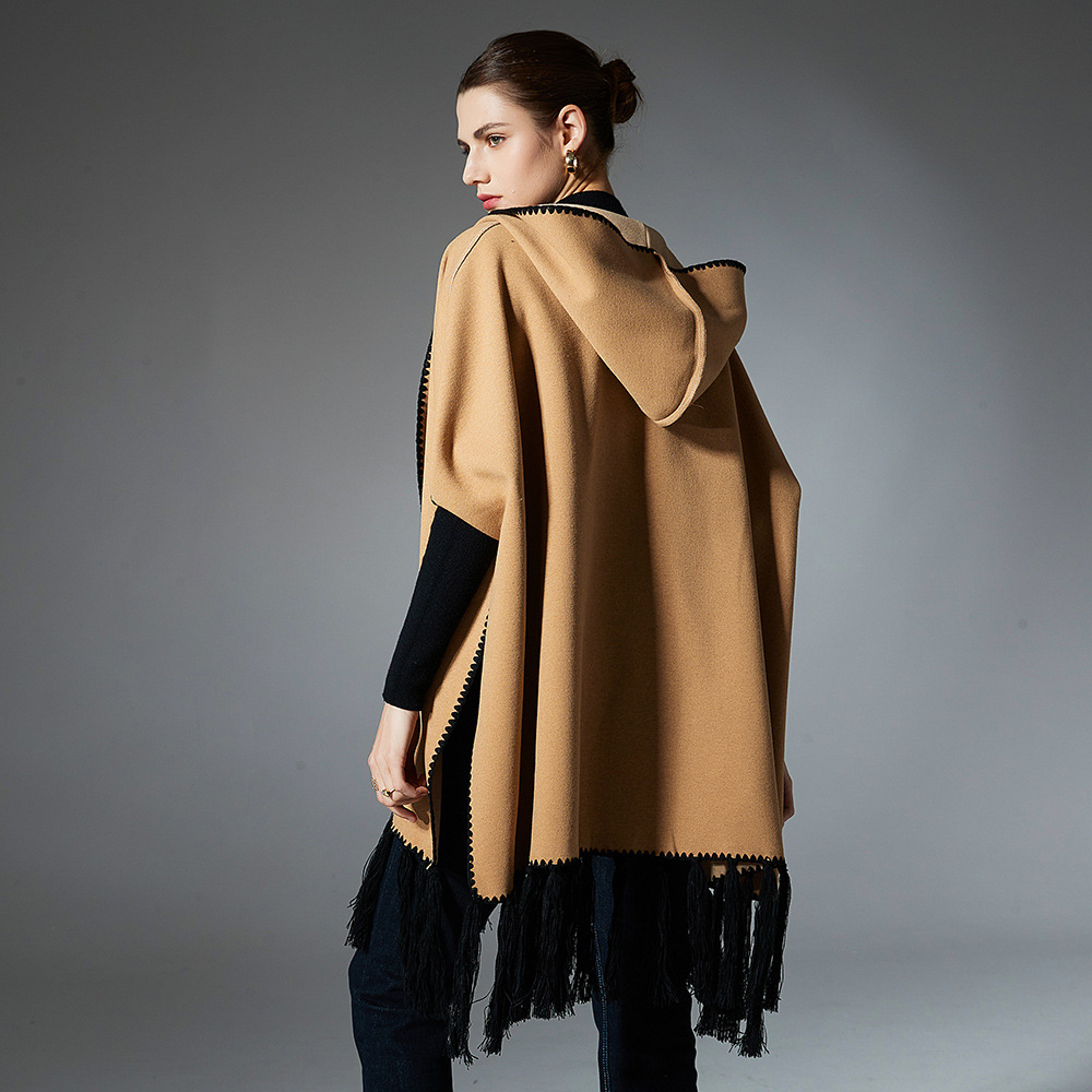 Autumn And Winter Solid Color Tassel Hoodie Cloak Shawl