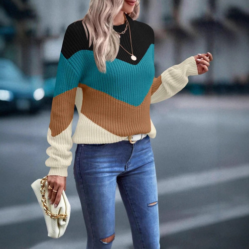 Oriental and Western Spring and Autumn Color Collision Sweater, Striped Loose Casual Women's Knitted Top