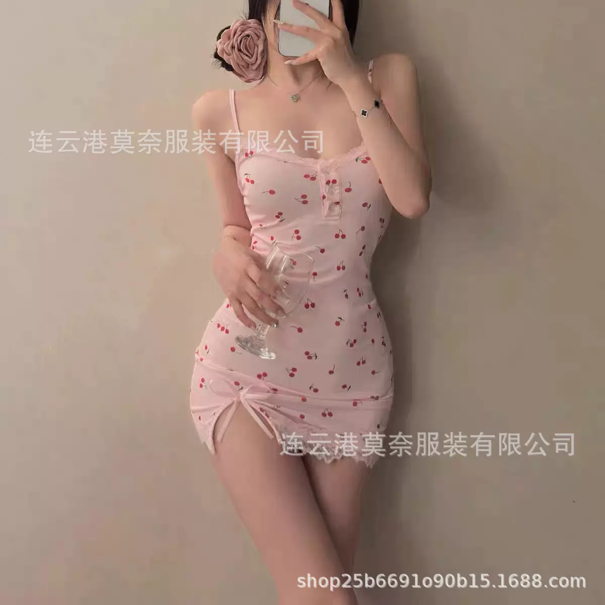 情趣内衣夏季性感蕾丝粉色樱桃纯欲风莫代尔内衣吊带睡裙斩男睡衣