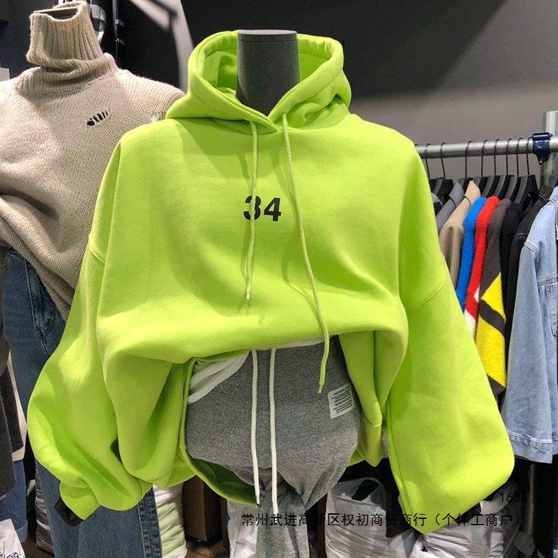 Korean Dongdaemun Autumn/Winter New Women's Sweatshirt Trendy INS Style Fleece-lined Thick Hooded Loose Versatile Long-sleeved Top