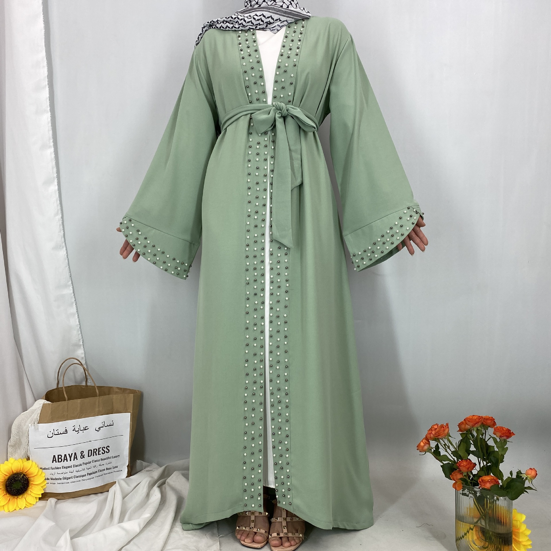 Arab Turkish Middle Eastern Fashion Elegant Solid Color Beaded Muslim Tie-Up Cardigan Robe 1838_ecoleips.com