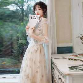 初恋仙气礼服收腰傲胸性感长泡袖皮草扣悠闲宾馆派对晚会访问演出