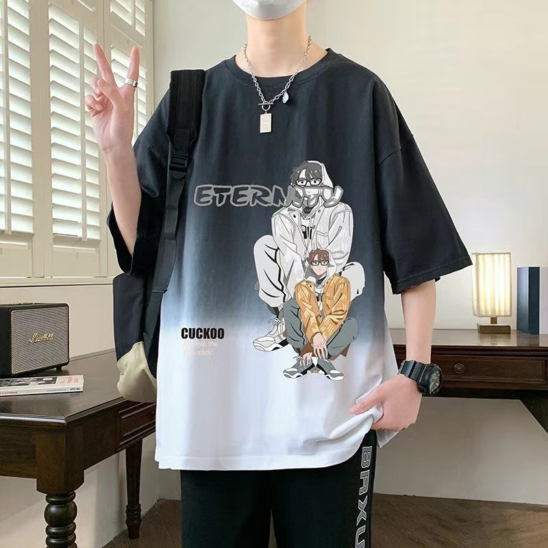 2025夏季新款男士青少年休闲帅气潮流阔版短袖T恤渐变色初高中生|undefined