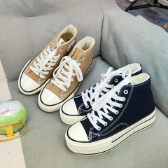 2023冬新款韓版百搭奶茶色高幫加絨帆布鞋女厚底4CM保暖松糕棉鞋