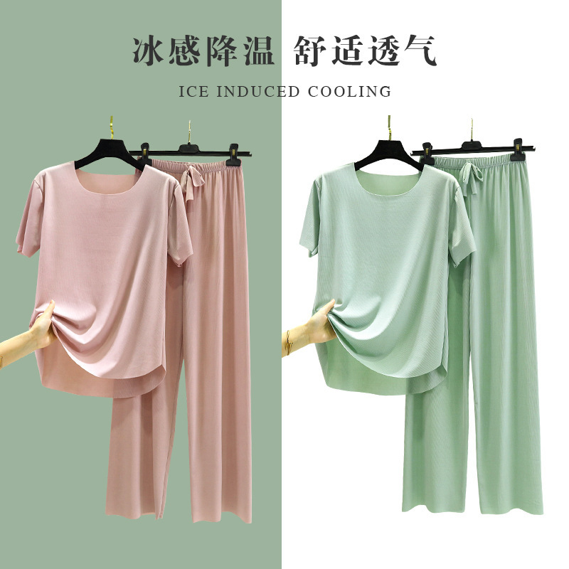 Ice Silk Two-Piece Set Women's Summer Large Size Round Neck Short-Sleeved T-Shirt Casual Pants Thin Pajamas Home Wear Suit