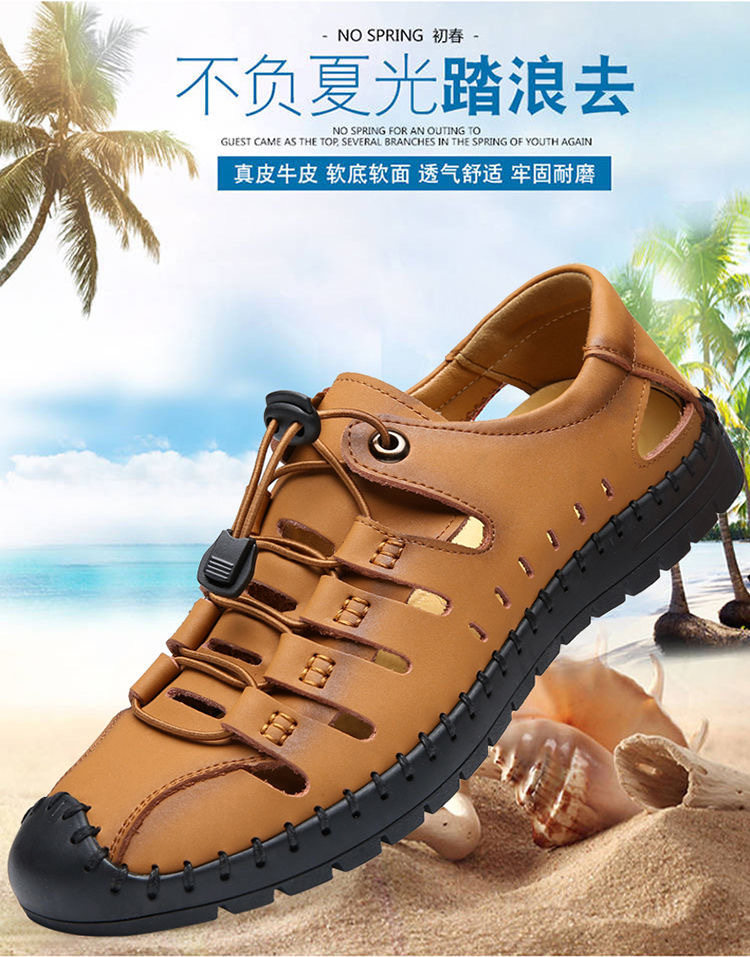 Dép sandal nam quai ngang da bò thật đế mềm thoáng khí kiểu lỗ rỗng — Màu Kaki, Màu nâu vàng, Màu đen chi tiết 1