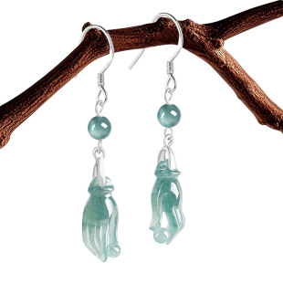 Natural Jade A Blue Water Guanyin Hand Palm Pearl Earrings S925 Silver Ice Jade Stone Women's Earrings Earrings