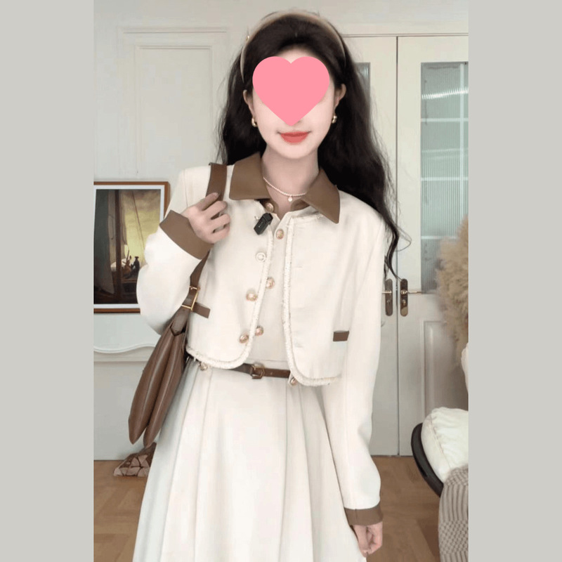 2025秋季新款气质外套显瘦收腰连衣裙长袖杏色千金风外套两件套女|undefined