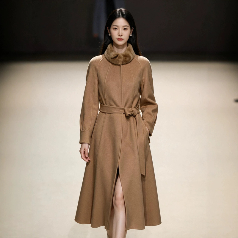 Double-sided cashmere coat for women, new autumn/winter collection, high-end design with a faux mink fur collar, mid-length, slim-fit wool blend coat