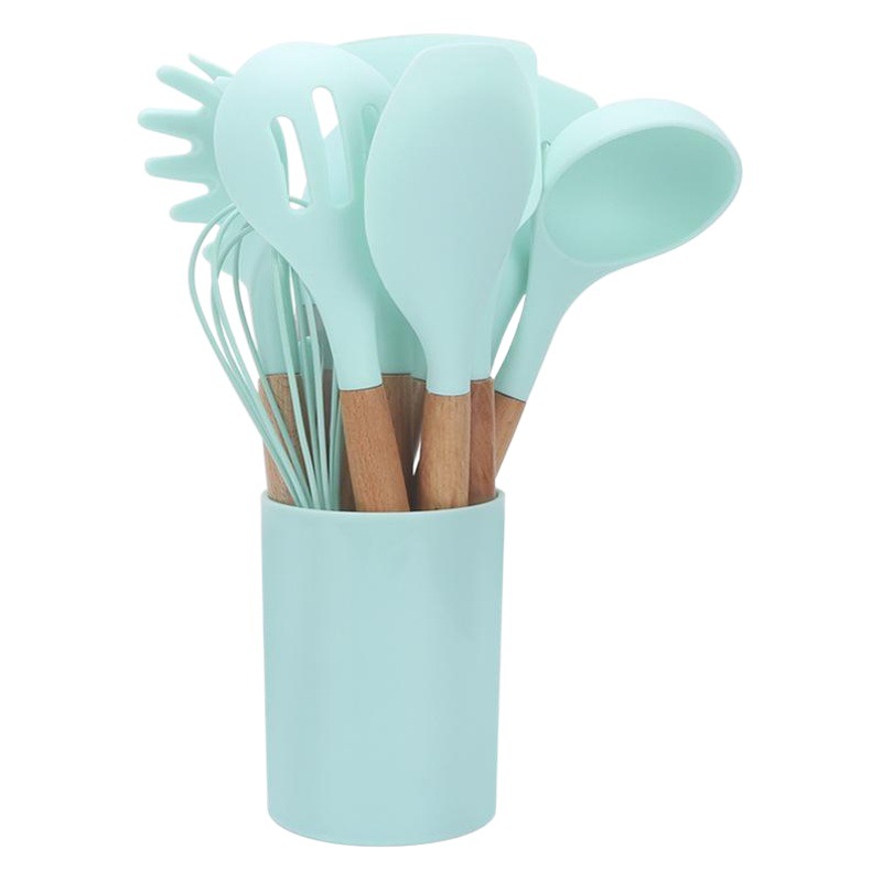 Amazon estilo caliente negro color caqui barril de almacenamiento mango de madera utensilios de cocina de silicona juego de 11 piezas utensilios de cocina juego de cocina
