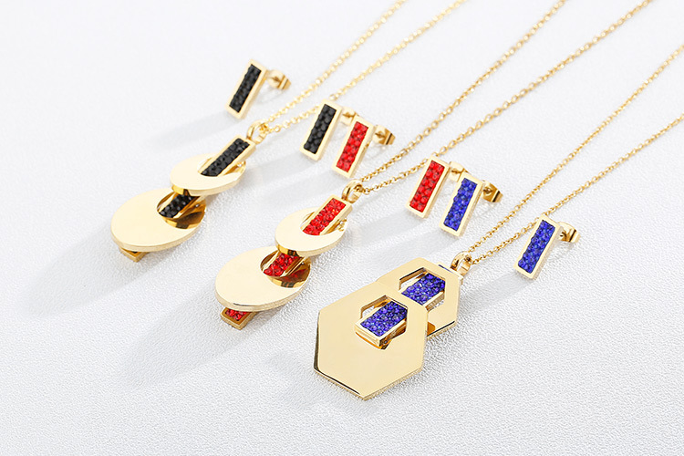 European and American Style Fashion Trend Titanium Steel Rhinestone Glass Geometric Necklace and Ear