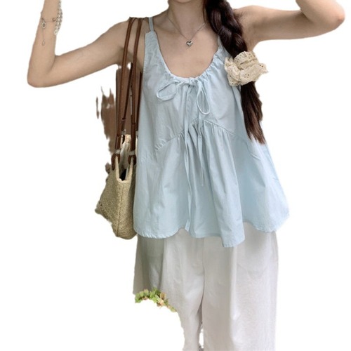 Fashion Set Women Blue Pleated Straps Tank Top 2025 Summer Loose Wide Leg Pants Casual Pants Two Piece Set