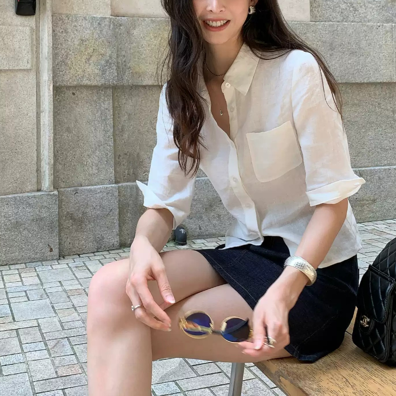 pusumide时髦知识分子|1OO亚麻中袖衬衫女通勤衬衣收腰气质上衣