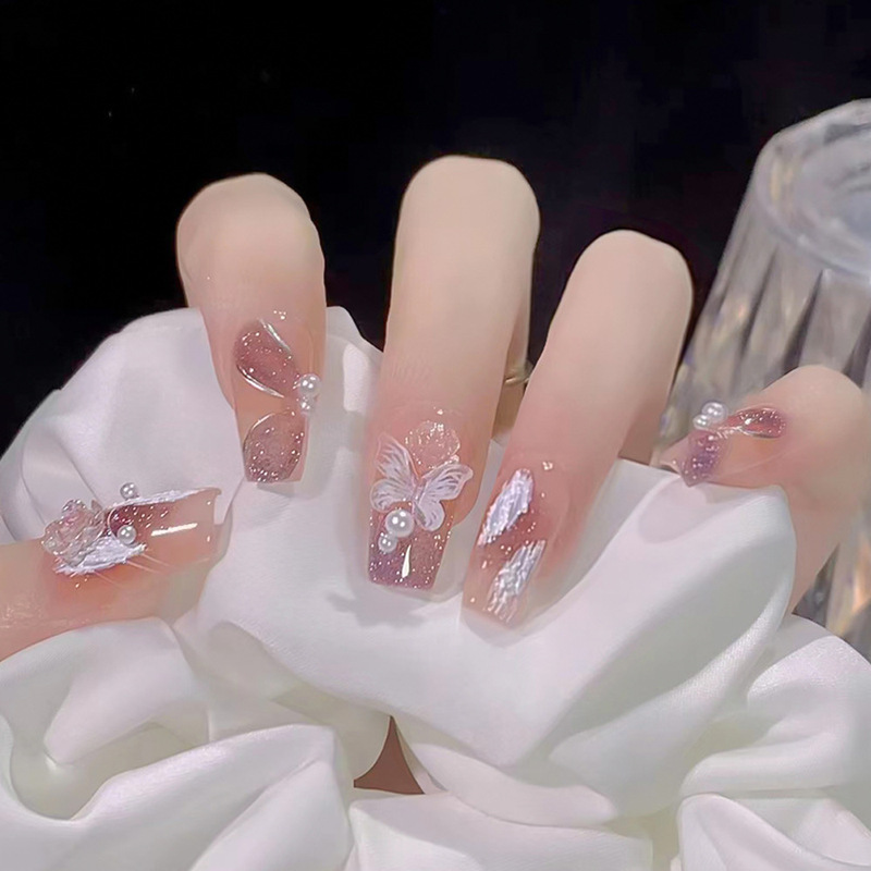 Cross-Border 24-Piece Short Press-On Nails, Purple Crystal Butterfly Short Tapered Nail Tips, Nail Art Tips, Pre-Made Nails