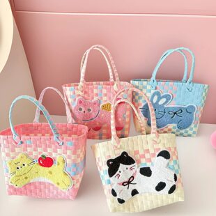Handheld cartoon card holder, capacious woven beach bag, with embroidery