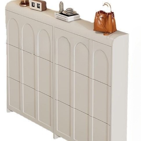 Cream-style ultra-thin tipping shoe cabinet for home use—ideal for entryways, leaning against the wall near the front door, this integrated storage unit doubles as a spacious shoe rack for your foyer.