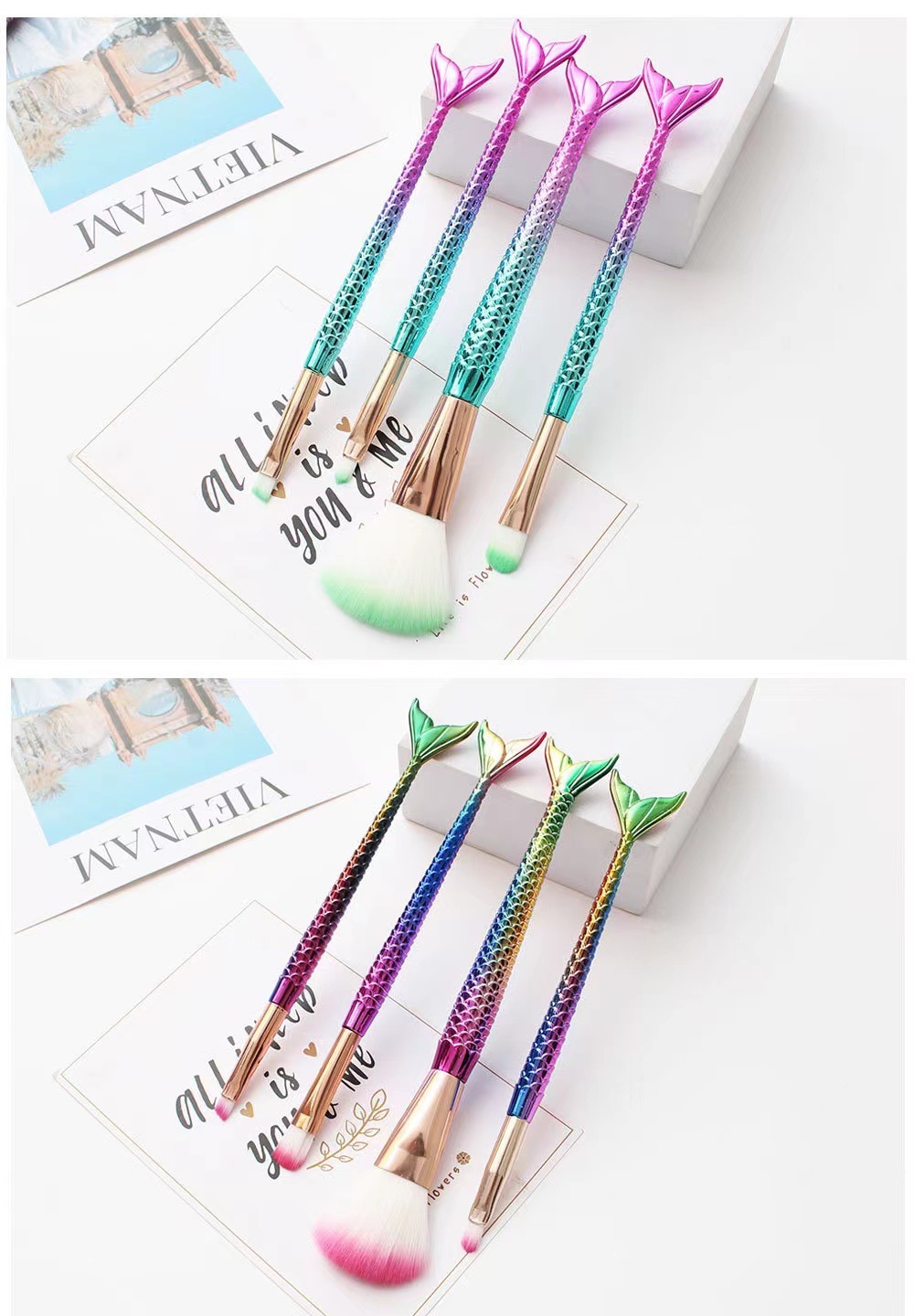 Glam Multicolor Artificial Fiber Aluminum Mermaid Handle Makeup Brushes 4 Pieces Set display picture 7