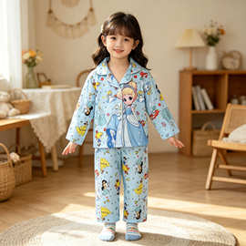 2026年新款欧美儿童睡衣女宝宝公主印花甜美开衫夏季家居服套装舒