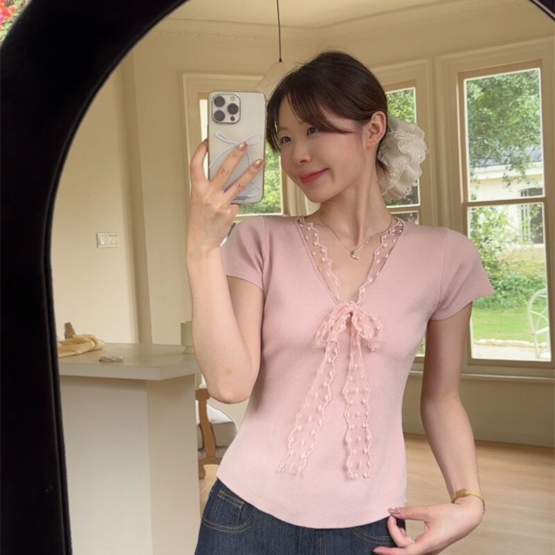 Lace Splicing Tie-Neck Short-Sleeved Shirt for Women 2025 New Spring and Summer Korean Style Right Shoulder Knitted Top