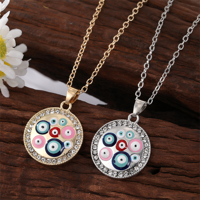 fashion multiple color eye alloy diamond round pendant clavicle chain