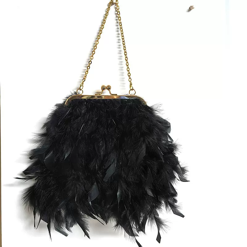 2024新款潮牌羽毛流苏链条单肩手提斜挎包时装晚宴包