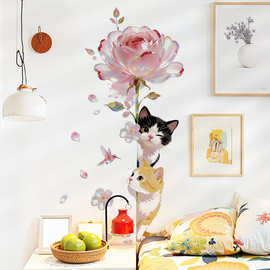 蝴蝶花卉房门装饰贴画偷看猫咪墙角贴画跨境热销可移除墙贴 36114