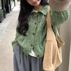 韩代2025秋冬新款翻领复古毛衣外套女软糯宽松高级感夹花针织开衫