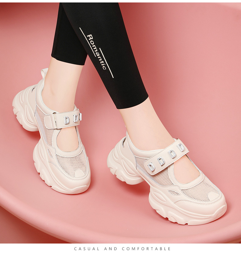 Giày sandal thể thao nữ đế xuồng dày lưới thoáng khí phong cách giày bố — Màu be 1990, 1990 màu đen chi tiết 12