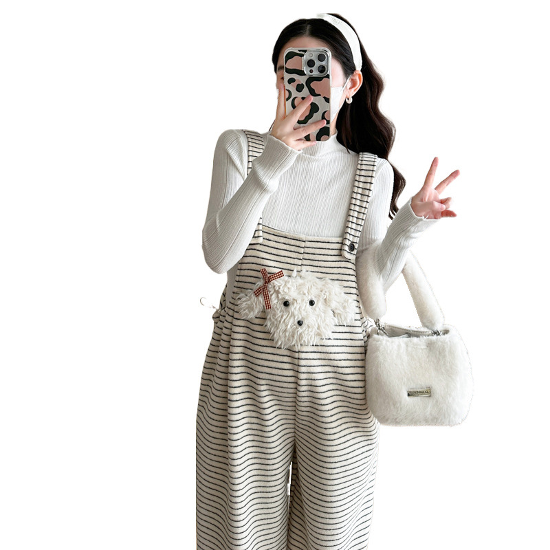 임산부 의류 멜빵 가을과 겨울 새 기모 두꺼운 줄무늬 플러스 사이즈 임산부 바지 맨 위 달콤한 세트