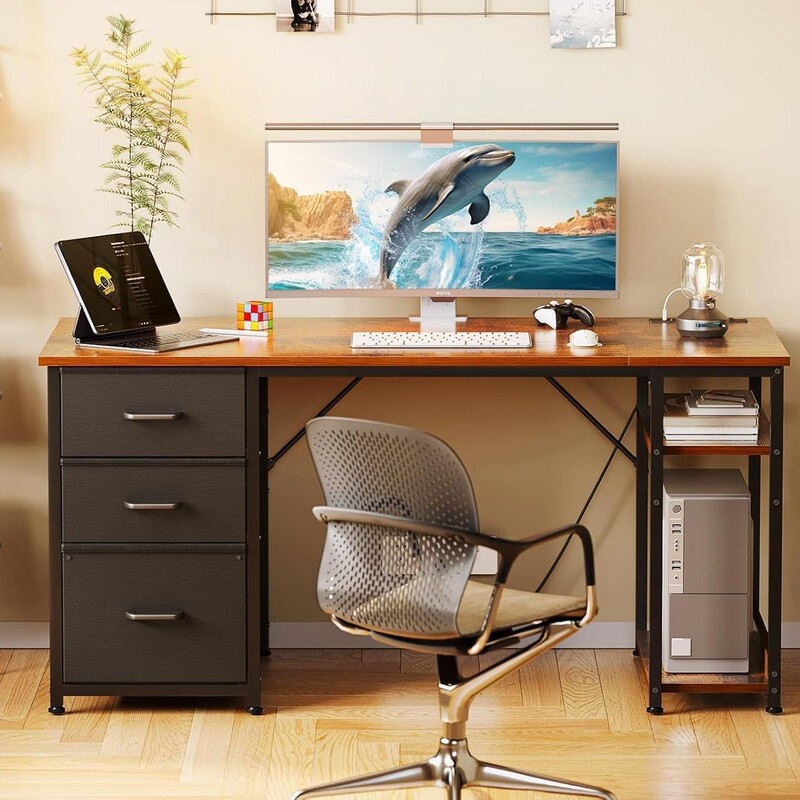 Cross-Border Special Supply Computer Desk with Fabric Drawers and USB Power Sockets Home Office Desk with Storage Rack