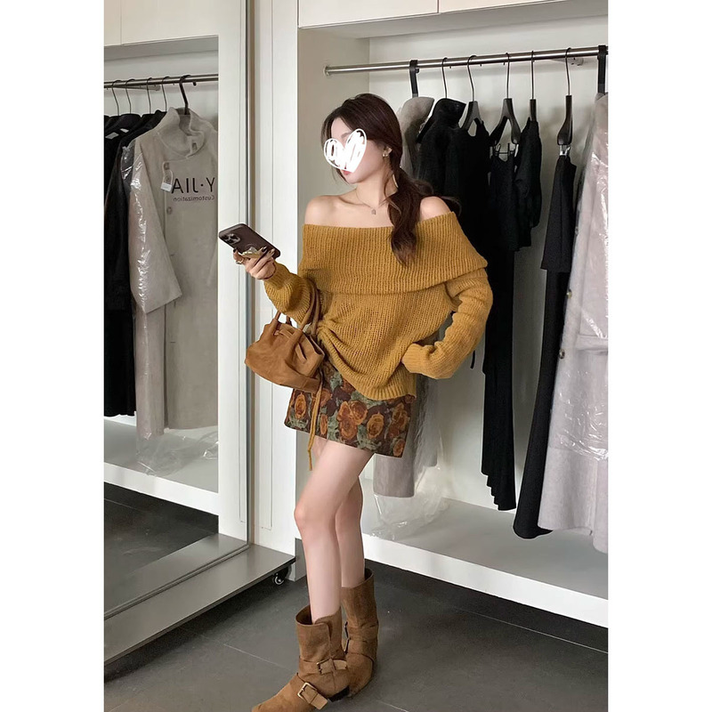 高级感气质套装女2025秋季新款翻领抽褶针织衫印花半身裙两件套潮|undefined