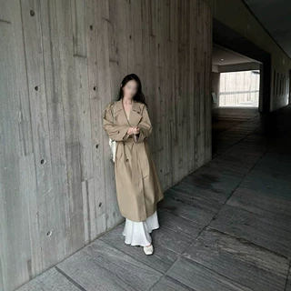 现货高ji感大翻领双排扣大衣女中长款气质系带收腰春秋风衣外套