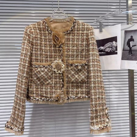 2025 Autumn New Style Small Fragrance Three-Dimensional Flower Braided Edge Plaid Tweed Short Tops Top for Women